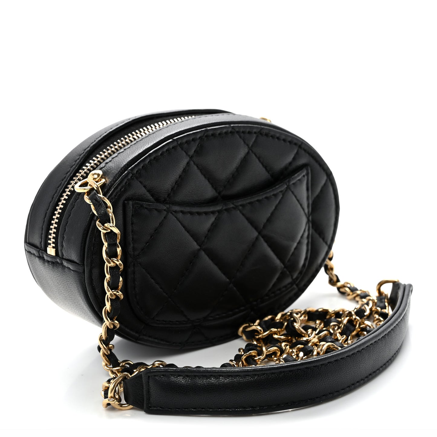 Lambskin Logo Plate Oval Clutch With Chain  Black