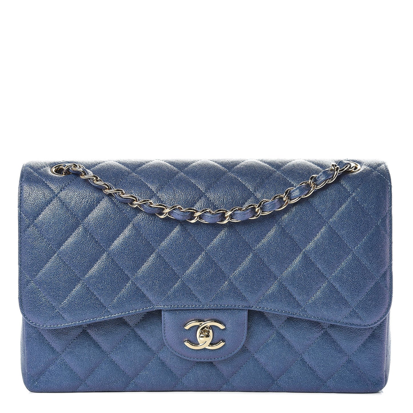 Iridescent Caviar Quilted Jumbo Double Flap Dark Blue