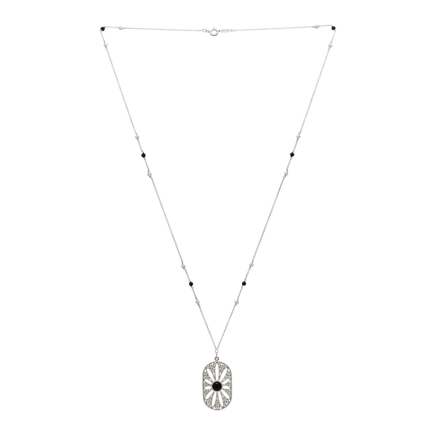 Sterling Silver Black Onyx Pearl Ziegfeld Daisy Pendant Necklace
