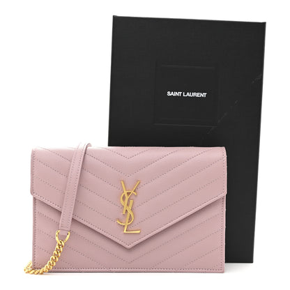 Saint Laurent Grain De Poudre Matelasse Chevron Monogram Envelope Chain Wallet Tender Pink 11 of 11