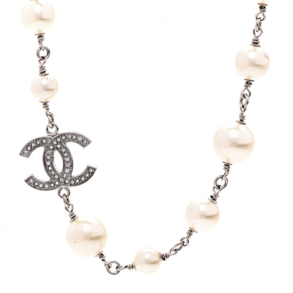 Chanel Graduated Pearl Crystal CC Long Necklace Silver 4 of 7