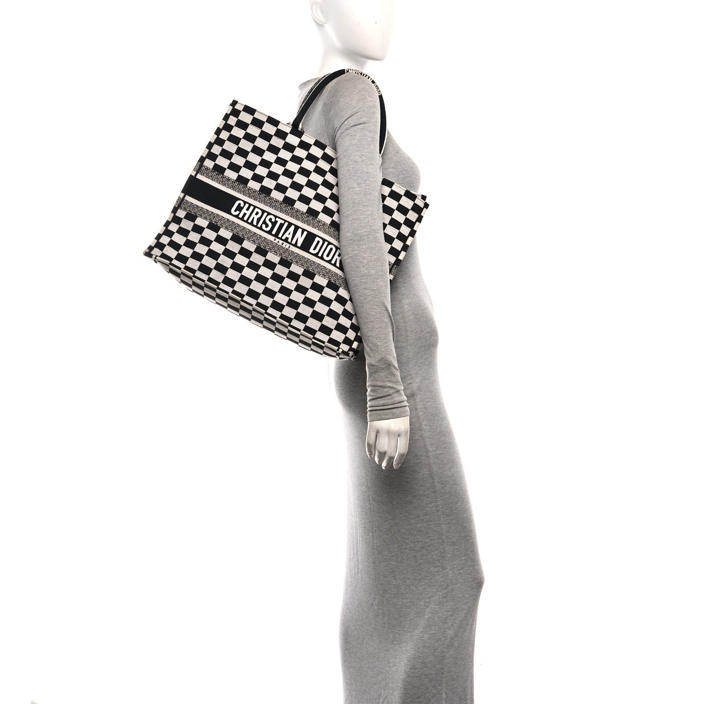 Canvas Embroidered Checkered Book Tote Black White