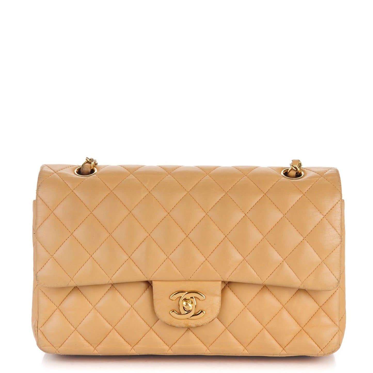 Lambskin Quilted Medium Double Flap Beige