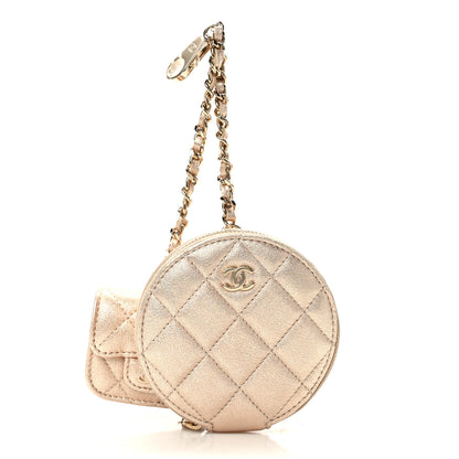 Chanel Metallic Lambskin Quilted Round Clip On Coin Purse Airpods Case Gold 3 of 9
