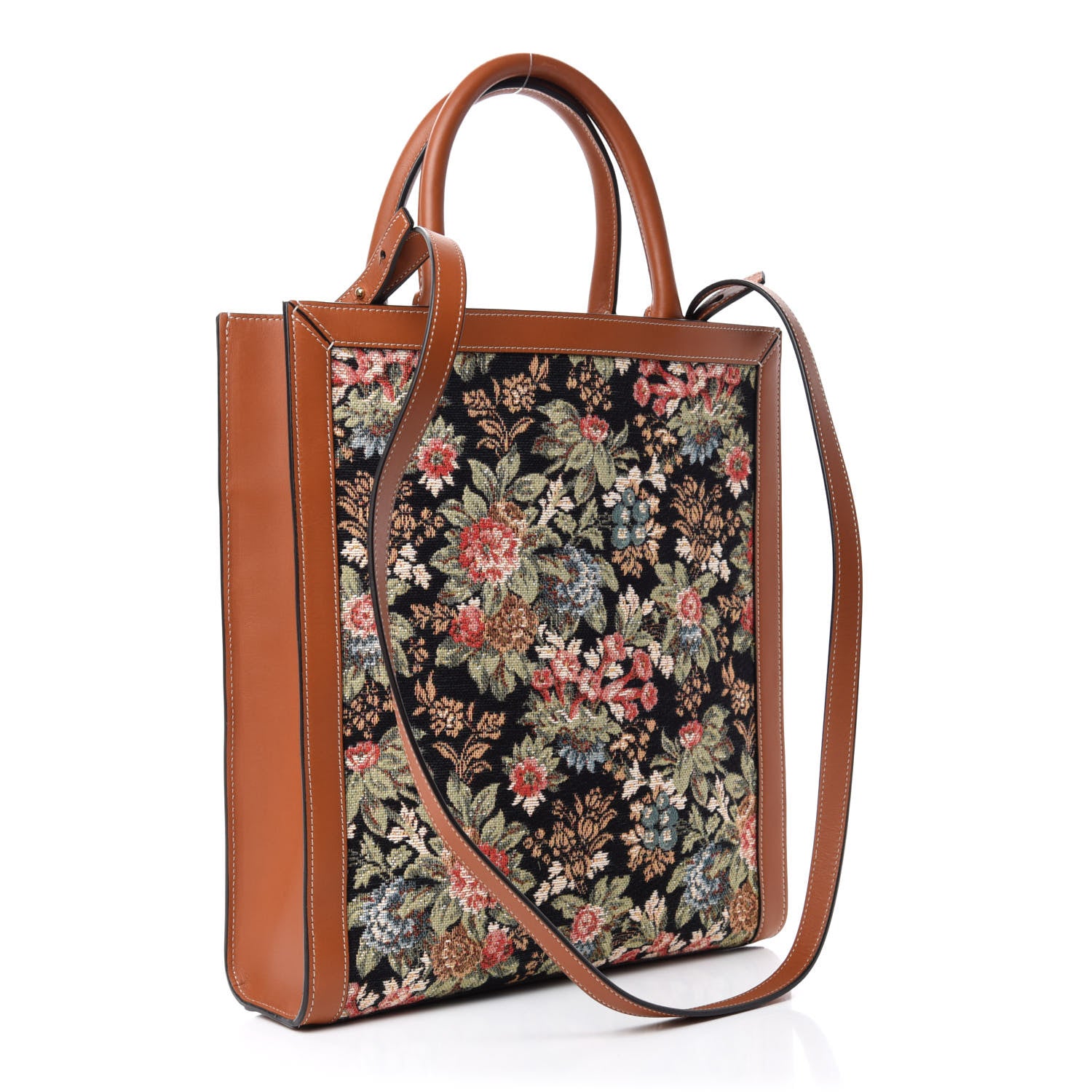 Celine Canvas Calfskin Jacquard Floral Small Vertical Cabas Black Tan 3 of 10