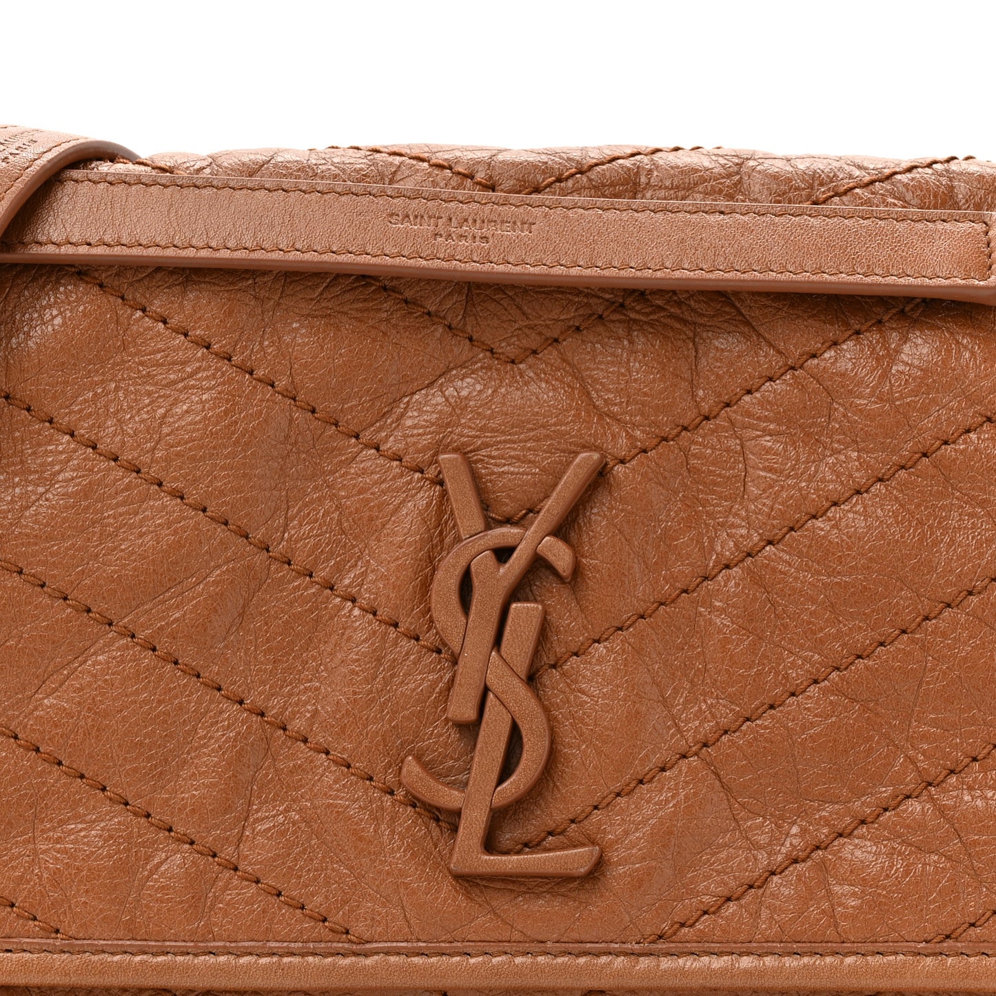 Crinkled Calfskin Matelasse Monogram Medium Niki Chain Satchel Caramel