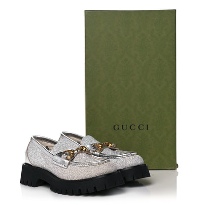 Gucci Mini Diamond Storm Silk Calfskin Womens Harald Horsebit 25mm Platform Loafers 35 Silver 10 of 10