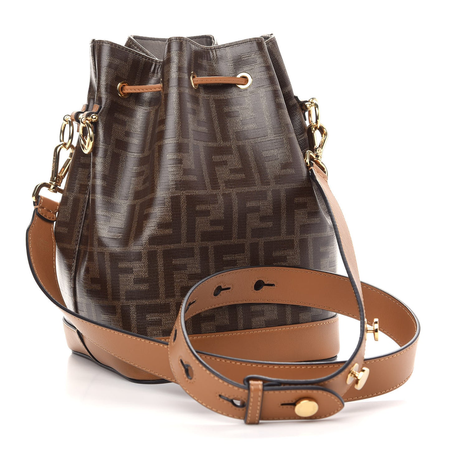 Glazed Fabric Vitello Grace F is Fendi FF 1974 Stamp Patch Grande Mon Tresor Bucket Bag Mogano Panna Nocciola