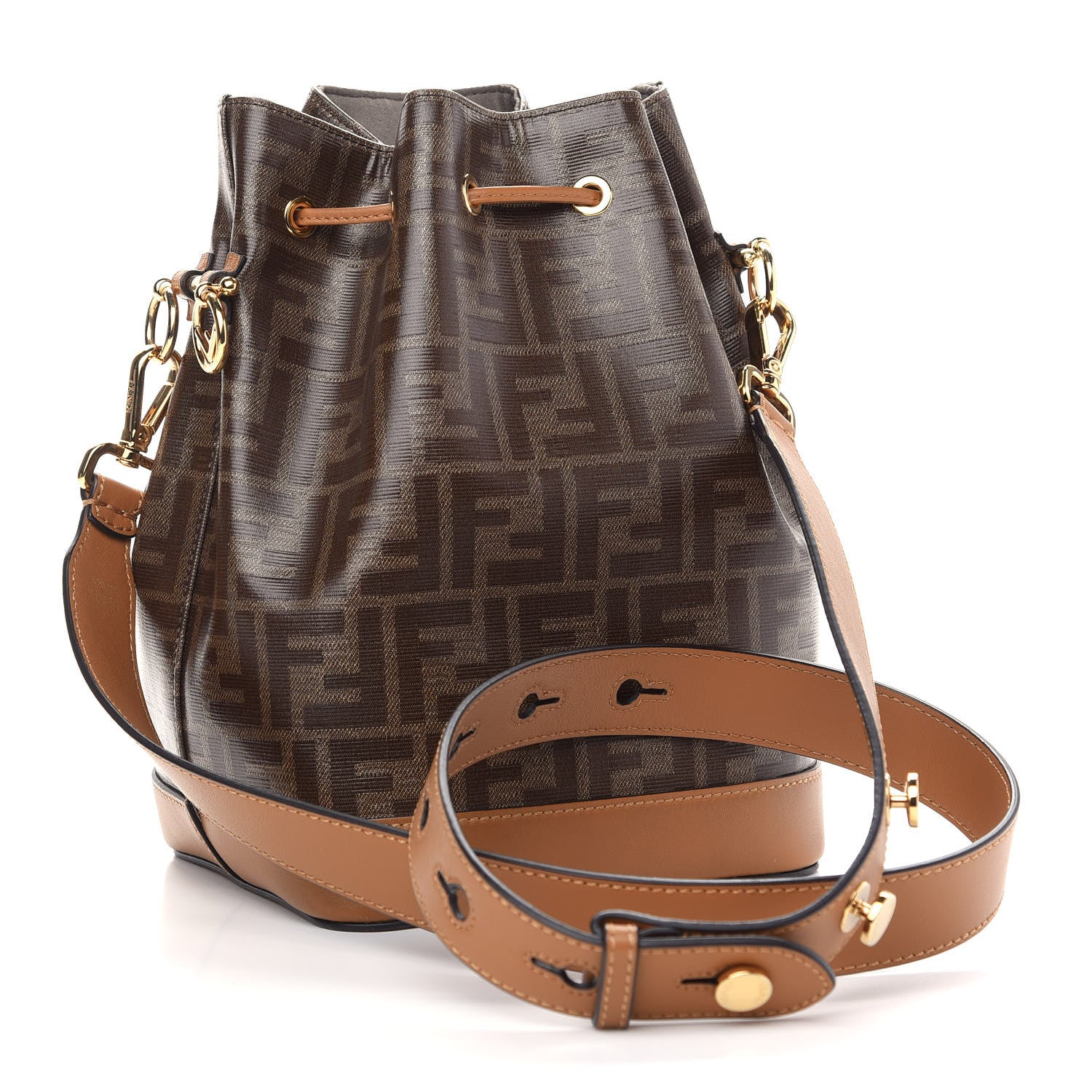 Fendi Glazed Fabric Vitello Grace F is Fendi FF 1974 Stamp Patch Grande Mon Tresor Bucket Bag Mogano Panna Nocciola 3 of 10