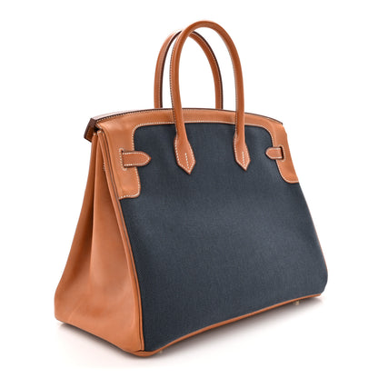 Hermes Toile Natural Barenia Flag Birkin 35 Fauve Bleu Indigo Bleu Thalassa 3 of 19