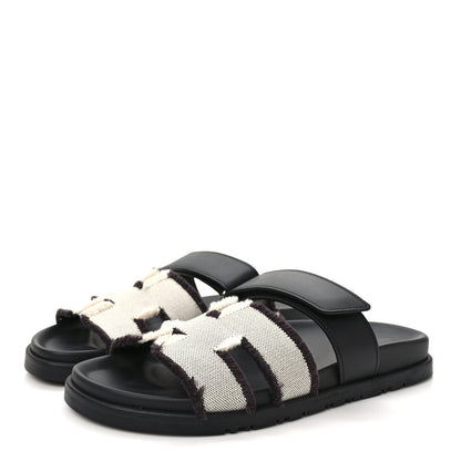 Hermes H Canvas Calfskin Fringed Chypre Sandals 38 Prunoir Black 3 of 9