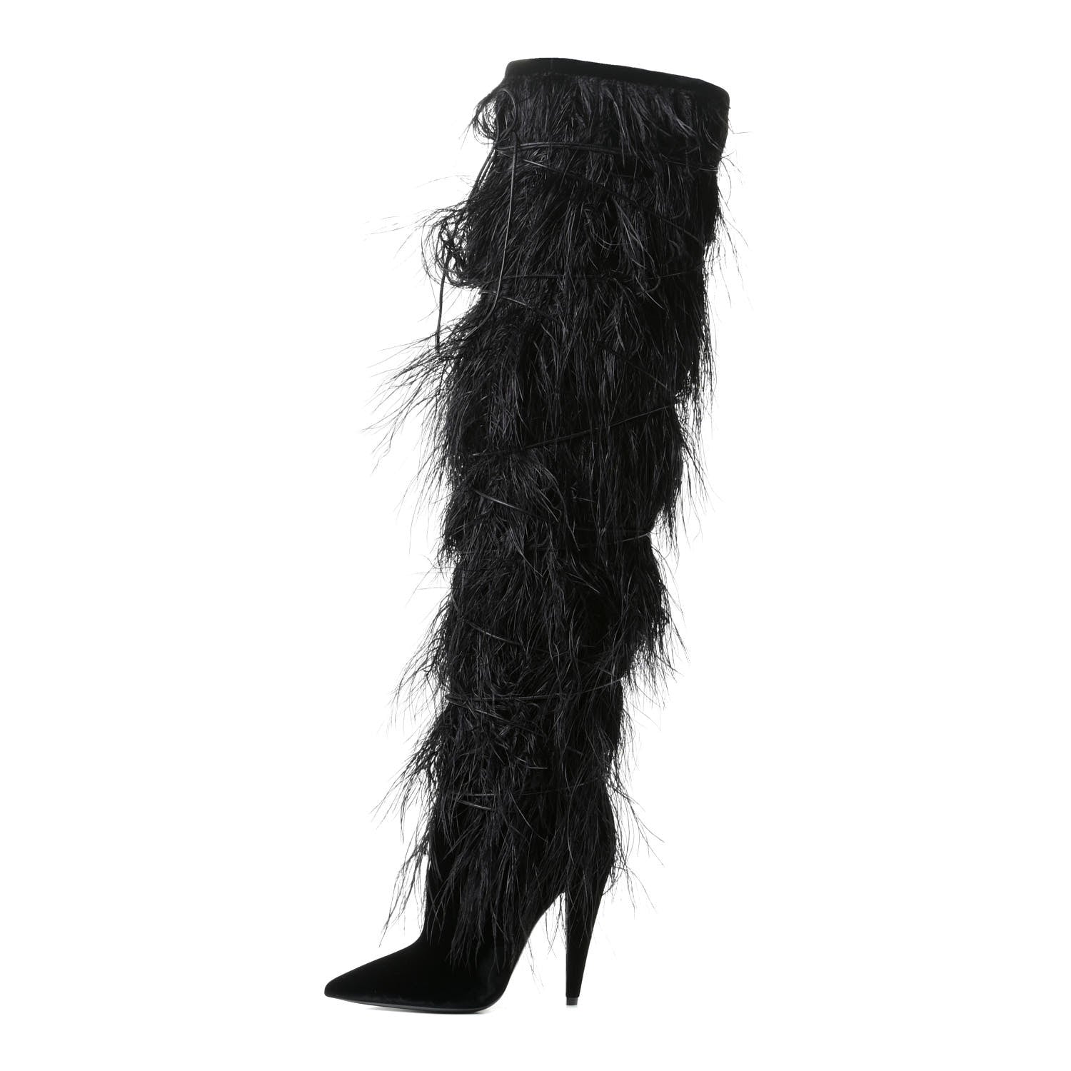 Saint Laurent Velluto Master Ostrich Yeti 110 Over The Knee Boots 38.5 Black 1 of 11