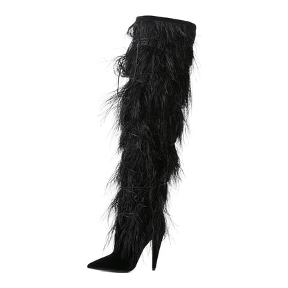Saint Laurent Velluto Master Ostrich Yeti 110 Over The Knee Boots 38.5 Black 1 of 11
