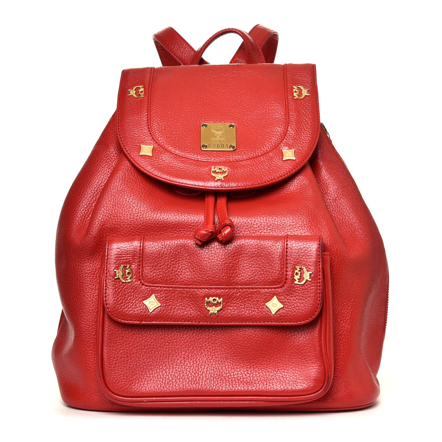 MCM Grained Calfskin Studded Drawstring Backpack Red 1 of 5