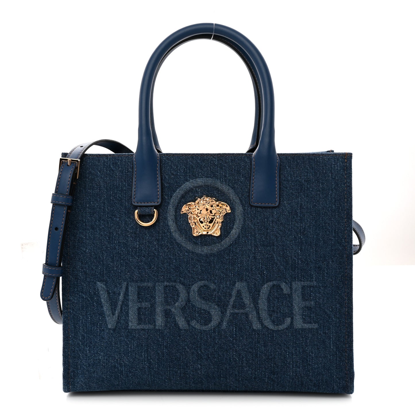 Denim Calfskin La Medusa Small Tote Bag Blue
