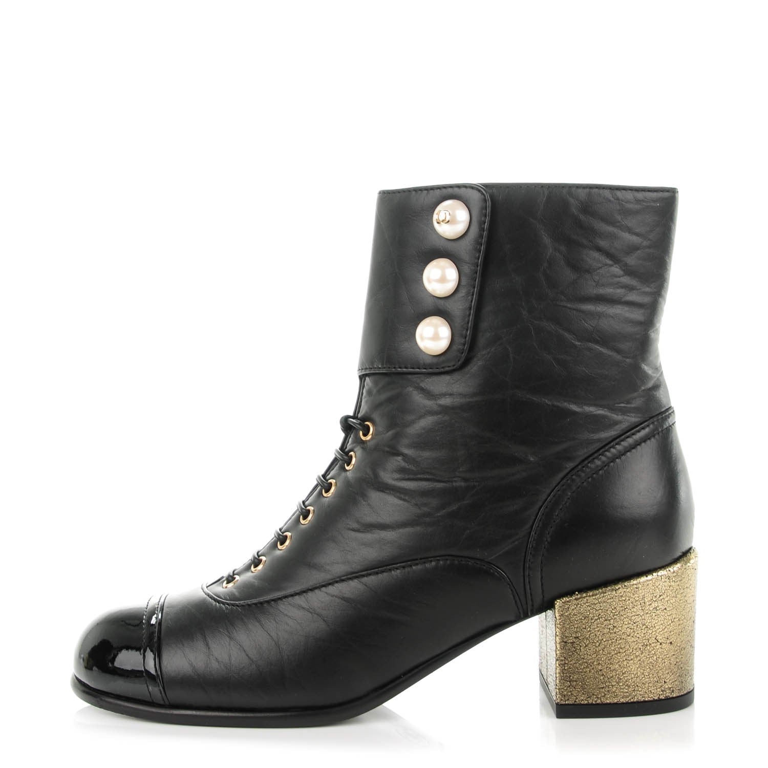 Chanel Calfskin Patent Pearl Short Boots 36 Black Gold 1 of 7