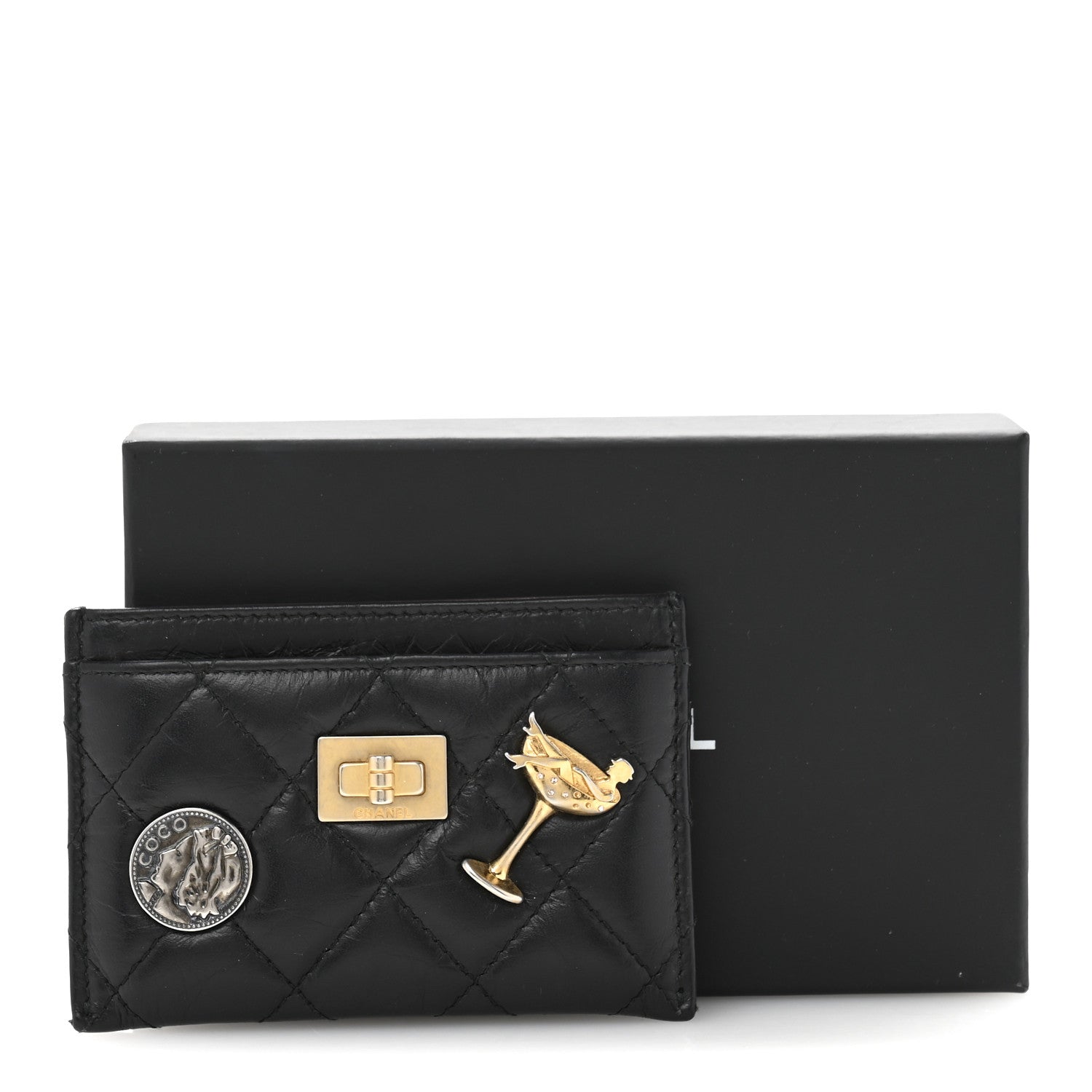 Chanel Aged Calfskin Quilted Lucky Charms Reissue Card Holder Black 9 of 9