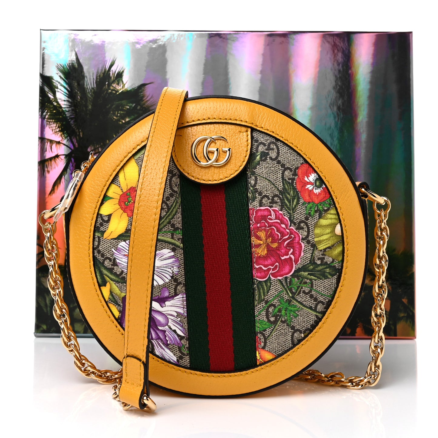 GG Supreme Monogram Flora Web Mini Ophidia Round Shoulder Bag Beige Multicolor Crop