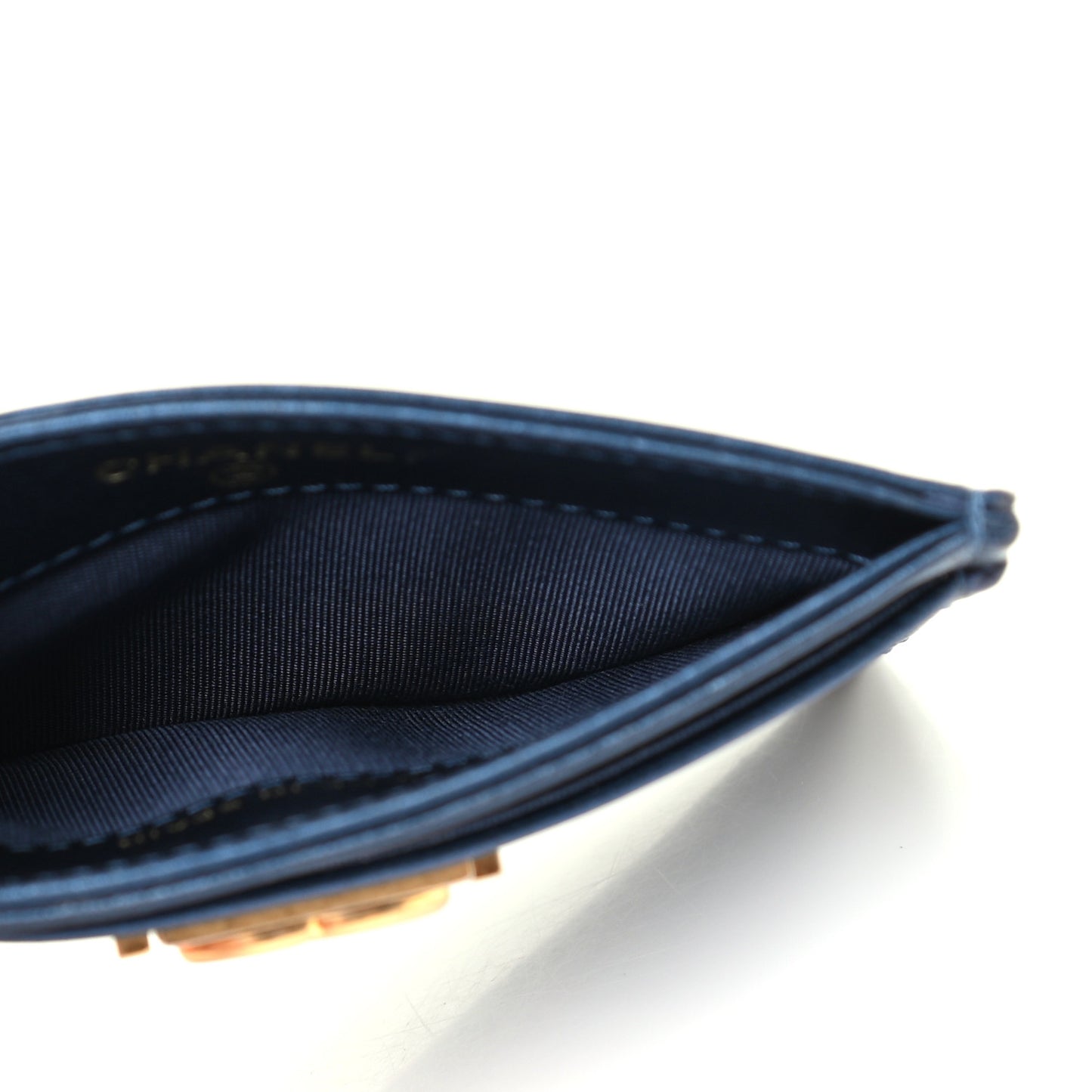 Metallic Lambskin Quilted Boy Card Holder Navy Blue