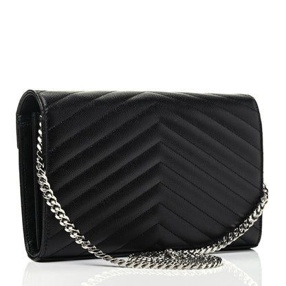 Saint Laurent Grain De Poudre Matelasse Chevron Monogram Chain Wallet Black 2 of 3
