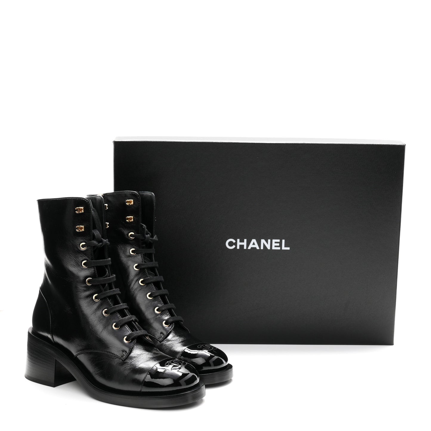 Shiny Calfskin Patent Cap Toe Lace Up Combat Boots 40 Black