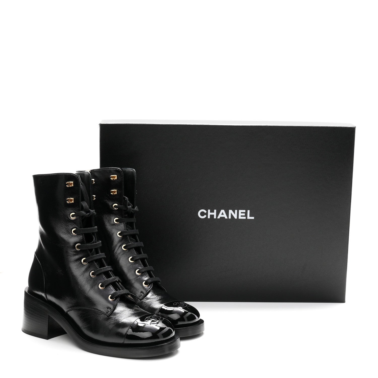 Chanel Shiny Calfskin Patent Cap Toe Lace Up Combat Boots 40 Black 10 of 10