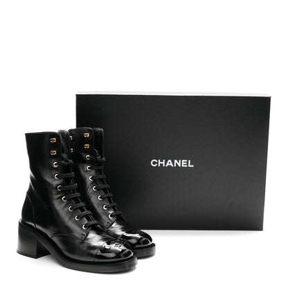 Chanel Shiny Calfskin Patent Cap Toe Lace Up Combat Boots 40 Black 10 of 10