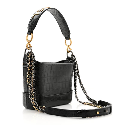 Chanel Calfskin Crocodile Embossed Small Gabrielle Cocodile Hobo Black 3 of 10