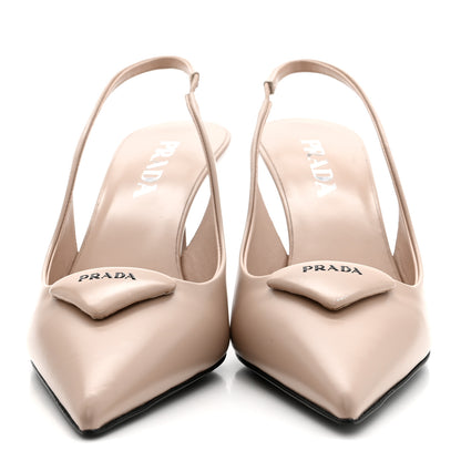 Prada Spazzolato Triangle Logo Pointed Toe 75mm Slingback Pumps 38 Cipria 3 of 9