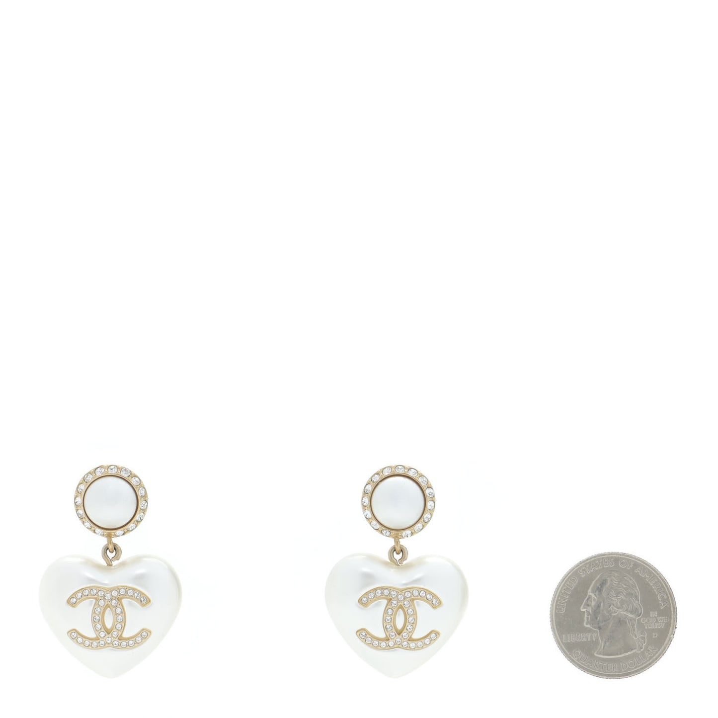 Pearl Crystal CC Heart Drop Earrings Gold