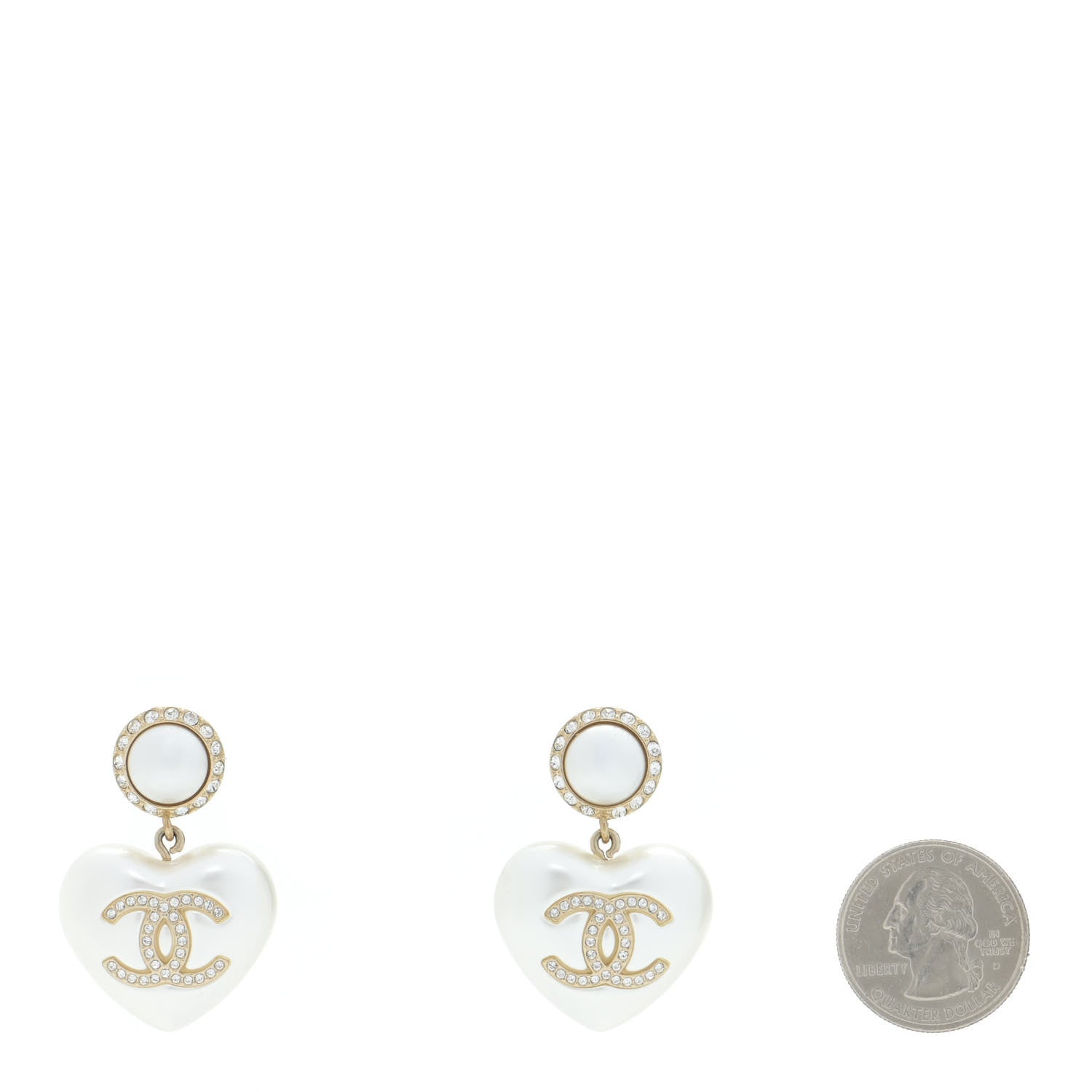 Chanel Pearl Crystal CC Heart Drop Earrings Gold 2 of 6