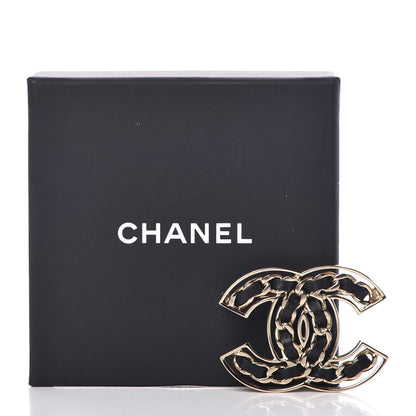Chanel Metal Calfskin Chain CC Brooch Black Gold 4 of 4