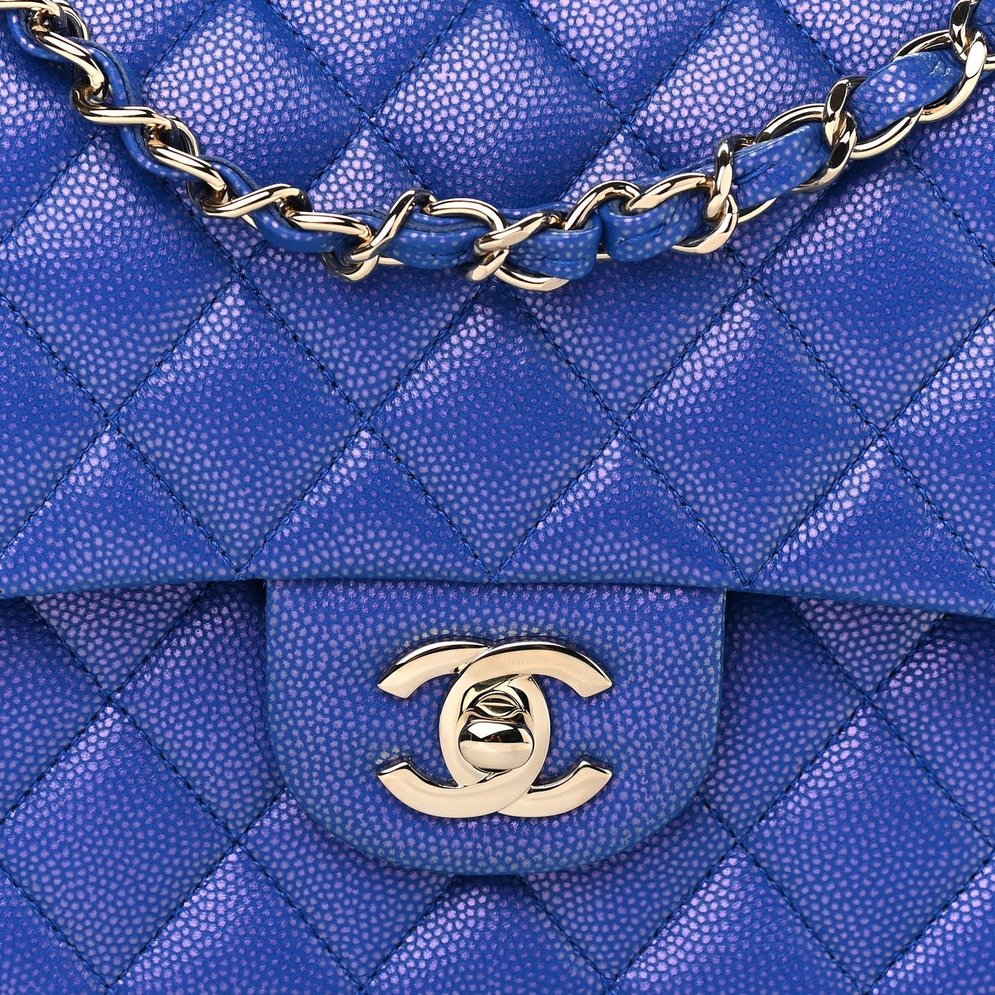 Iridescent Caviar Quilted Medium Double Flap Blue