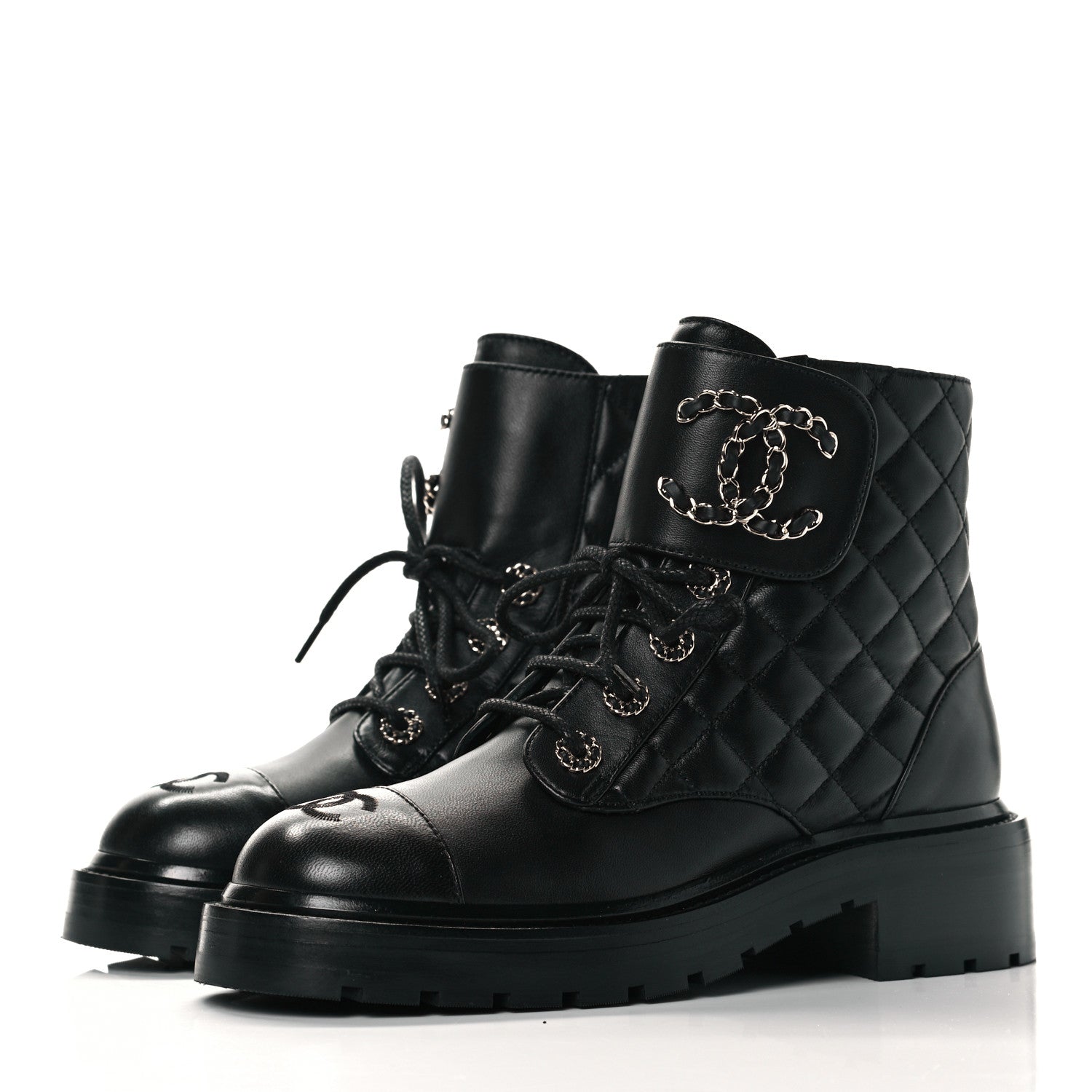 Chanel Shiny Lambskin Quilted Lace Up Combat Boots 36 Black 3 of 7