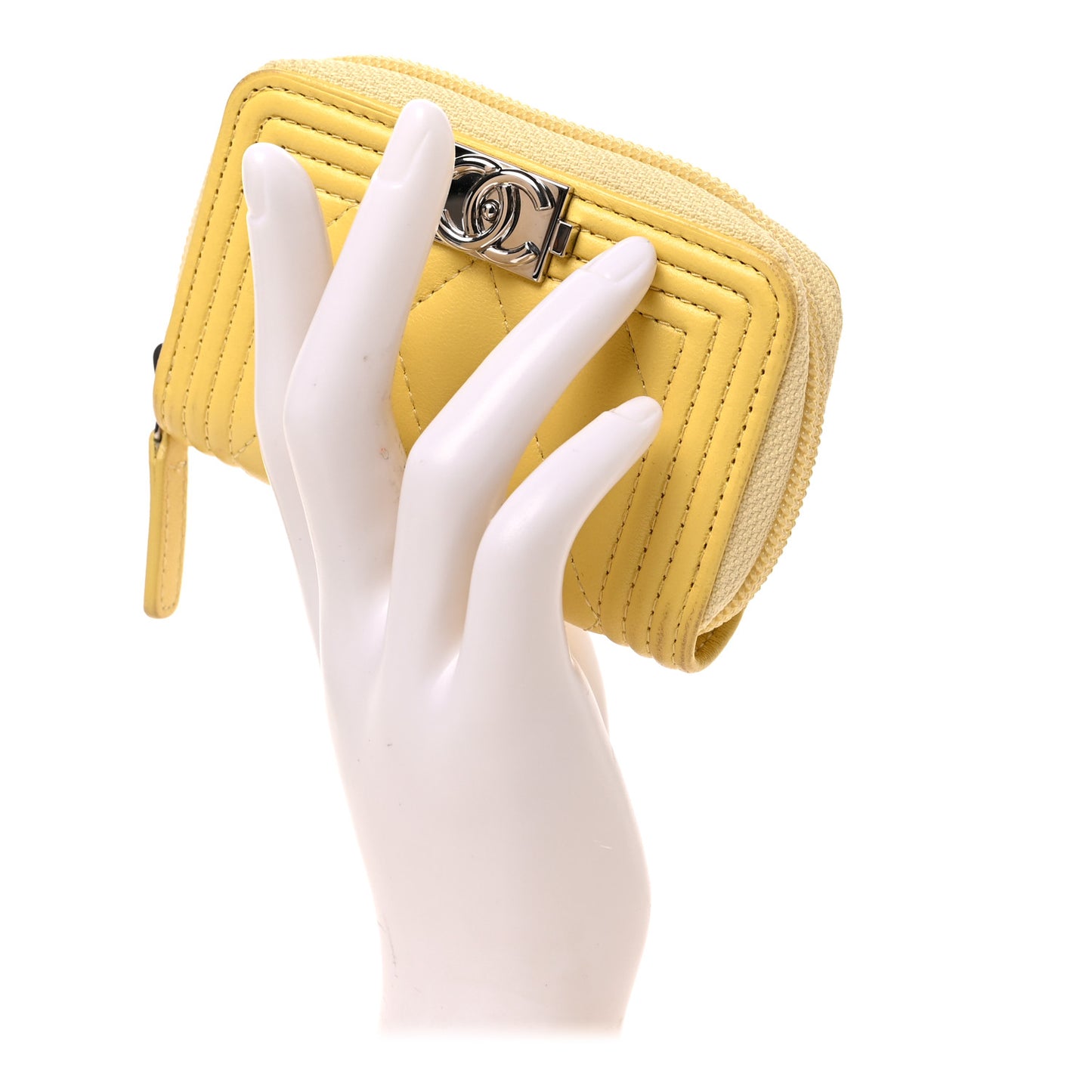 Lambskin Quilted Zip Around Boy Coin Purse Wallet Yellow