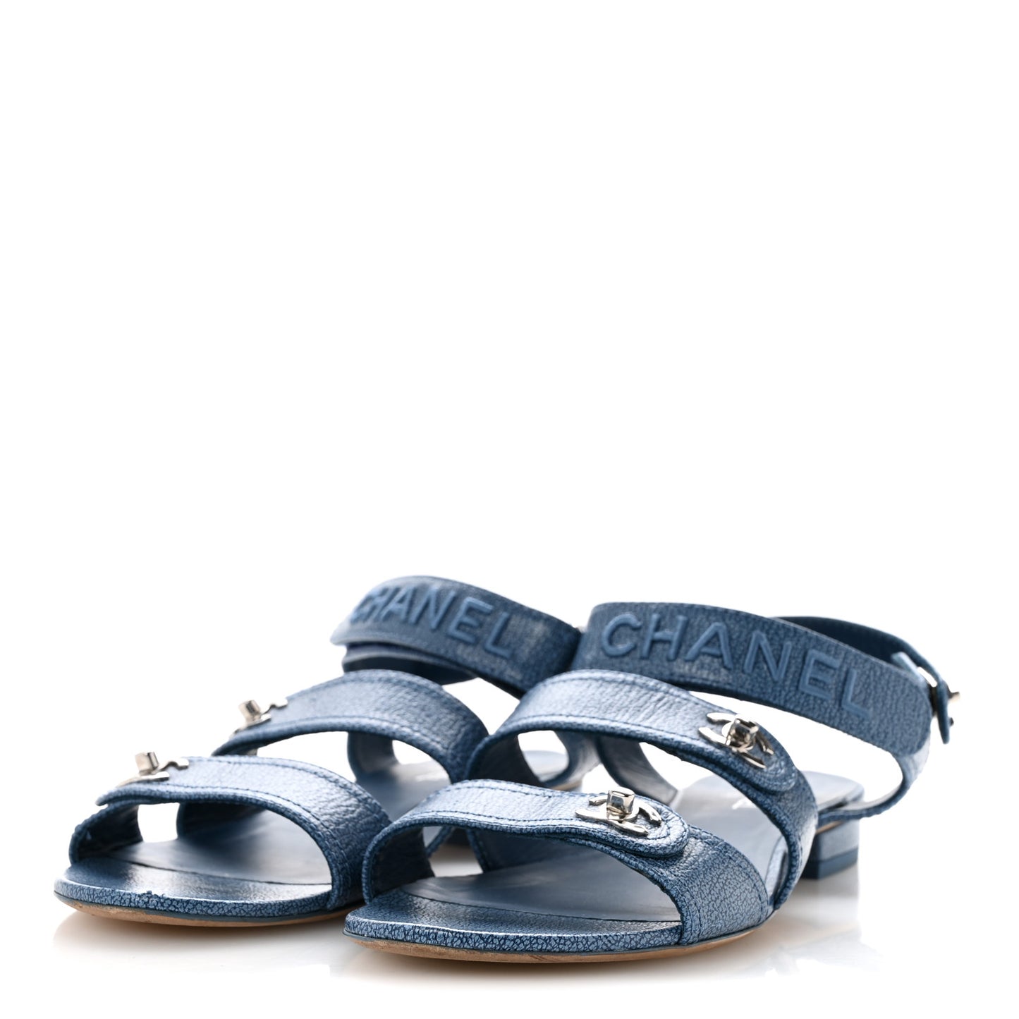 Iridescent Calfskin Logo CC Turnlock Sandals 39 Blue
