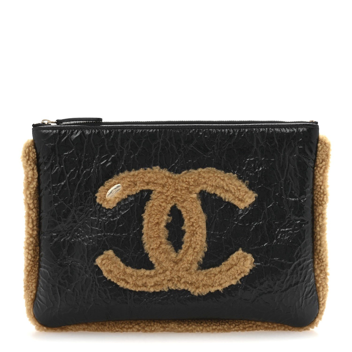 Chanel Shiny Crumpled Sheepskin Shearling CC Mania Zip Pouch Black Beige 1 of 8