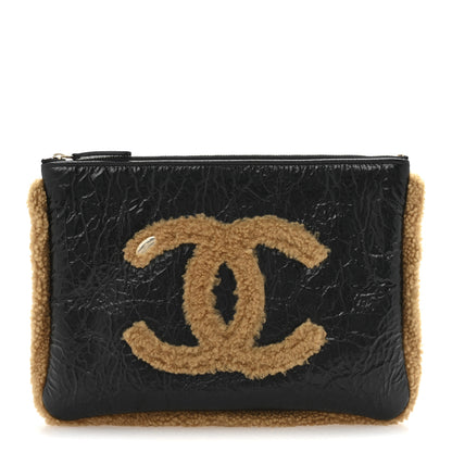 Chanel Shiny Crumpled Sheepskin Shearling CC Mania Zip Pouch Black Beige 1 of 8