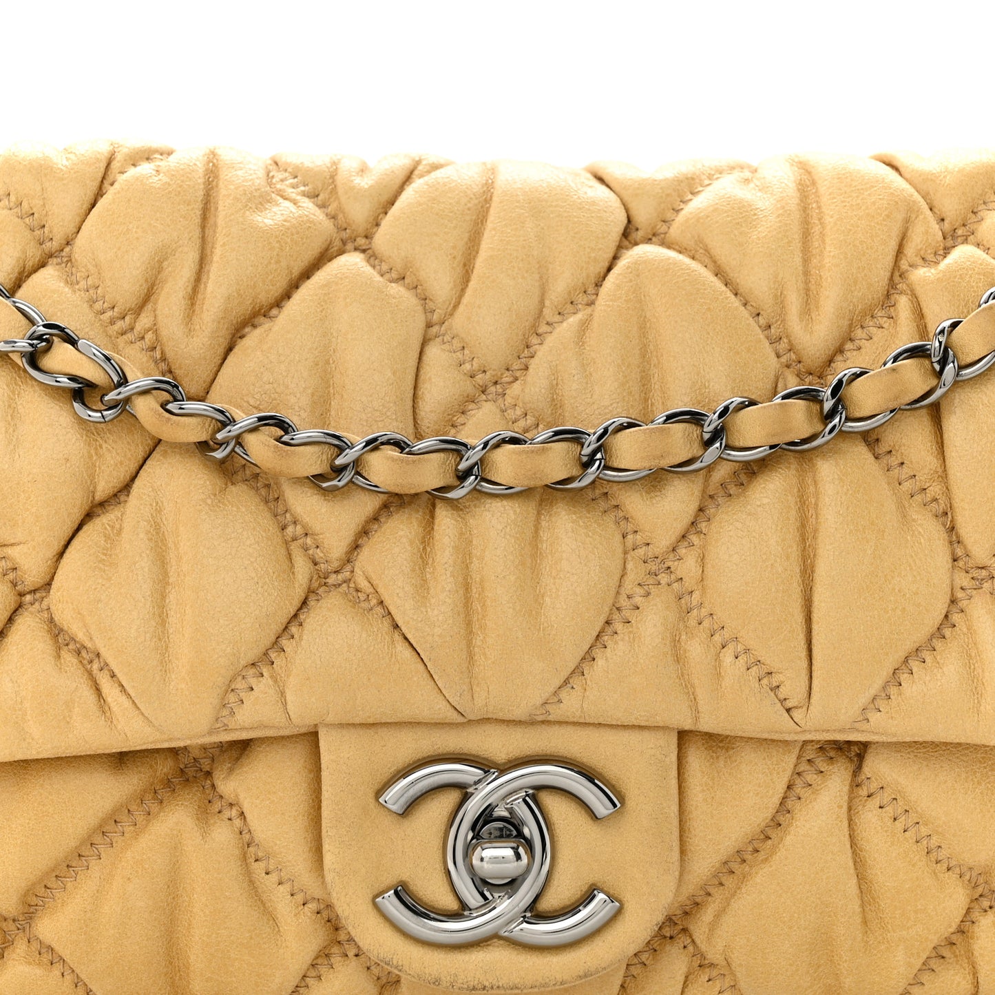 Calfskin Quilted Medium Bubble Quilt Flap Bag Beige