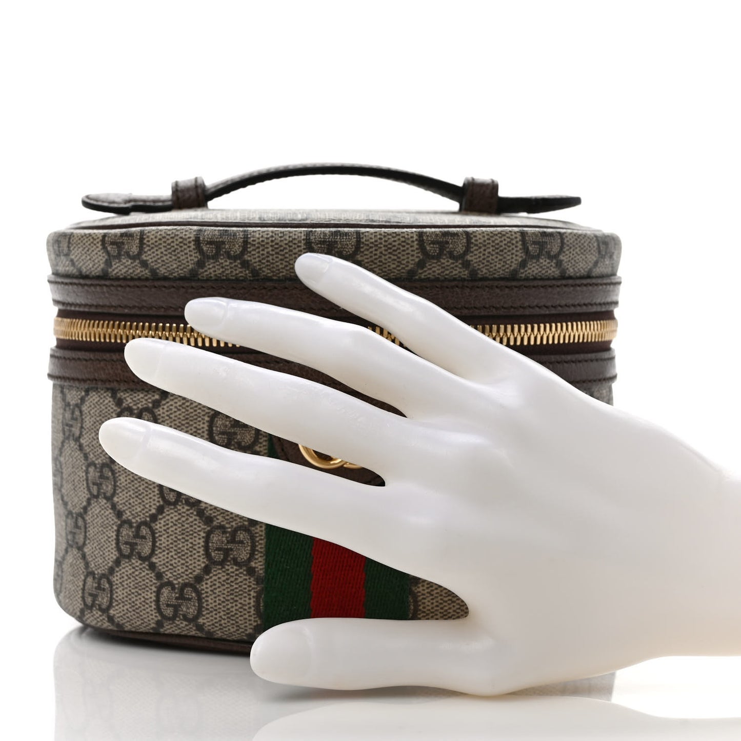 GG Supreme Monogram Textured Calfskin Web Ophidia Vanity Cosmetic Case Beige Ebony New Acero