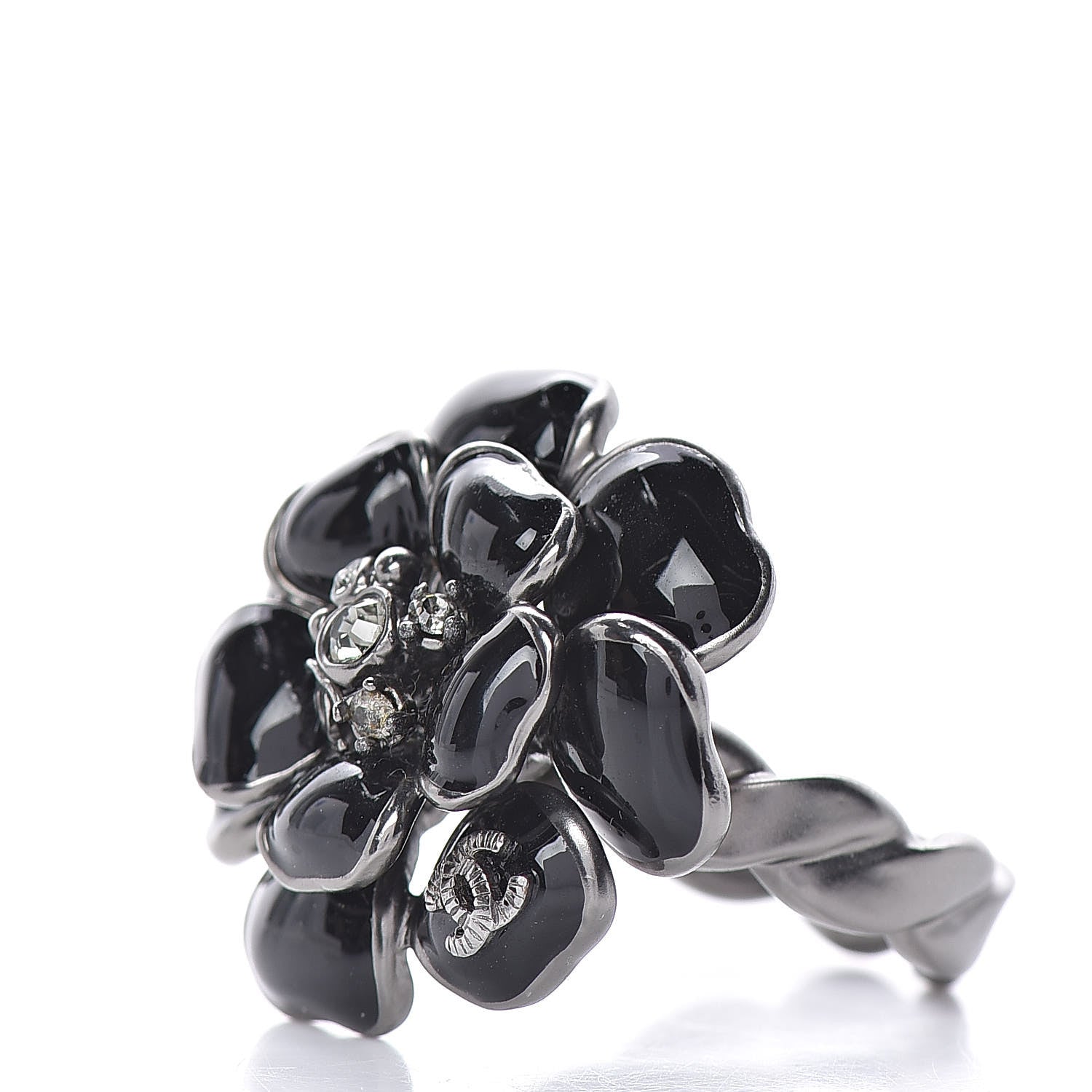 Chanel Enamel Ruthenium CC Camellia Ring 6.5 Black 3 of 6