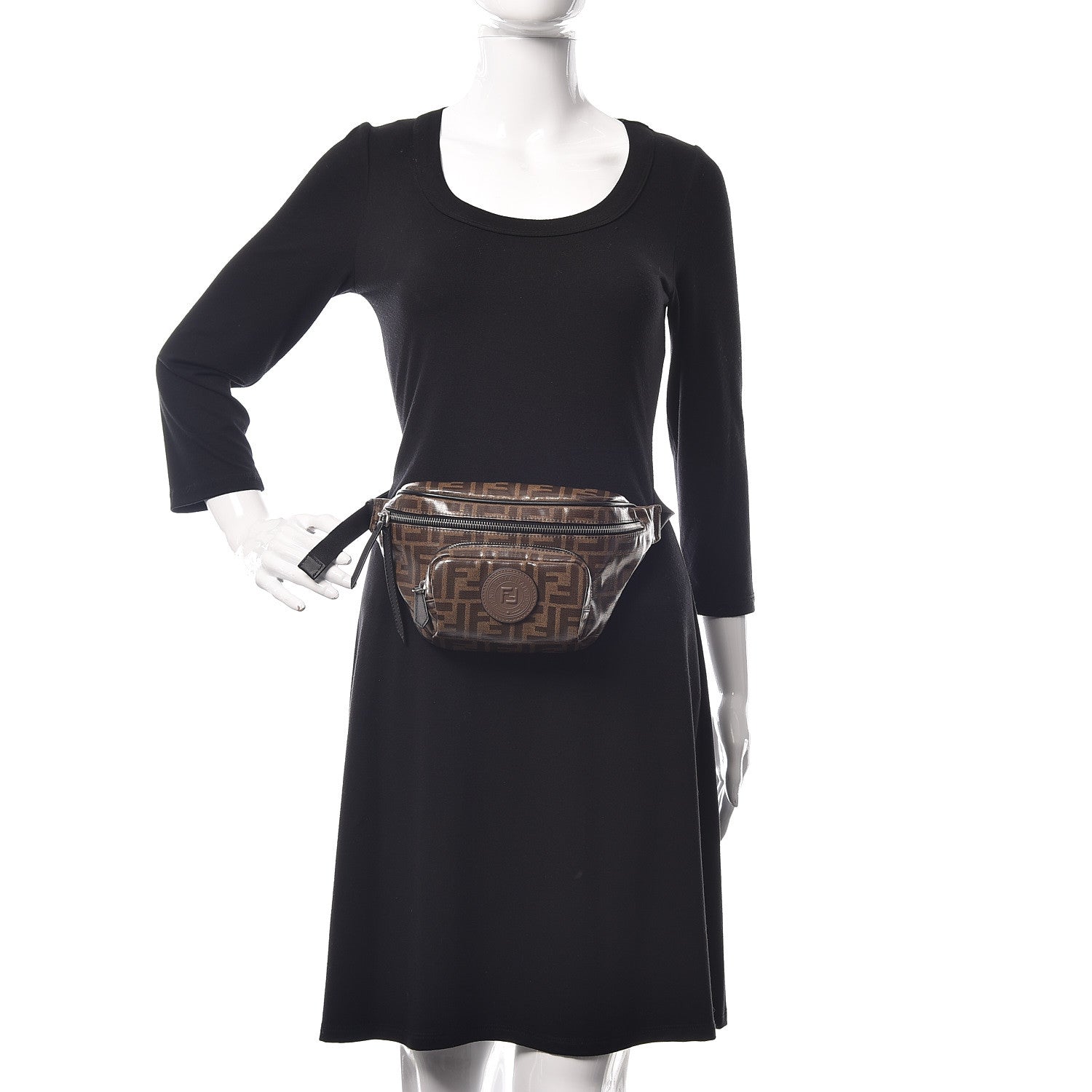Fendi Glazed Fabric Vitello Century FF 1974 Stamp Patch Mens Pocket Belt Bag Mogano Panna Black 2 of 7
