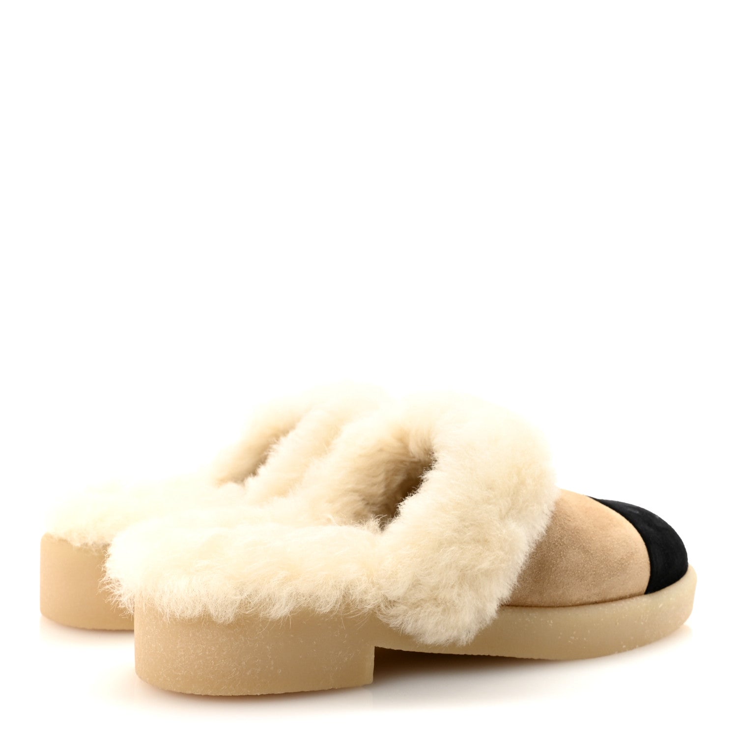 Chanel Suede Shearling CC Cap Toe Mules 36 Beige Black 5 of 10