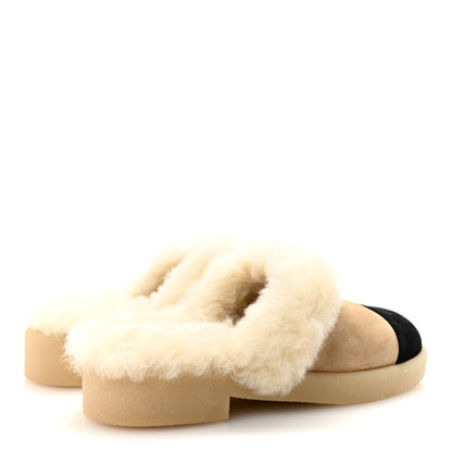 Chanel Suede Shearling CC Cap Toe Mules 36 Beige Black 5 of 10