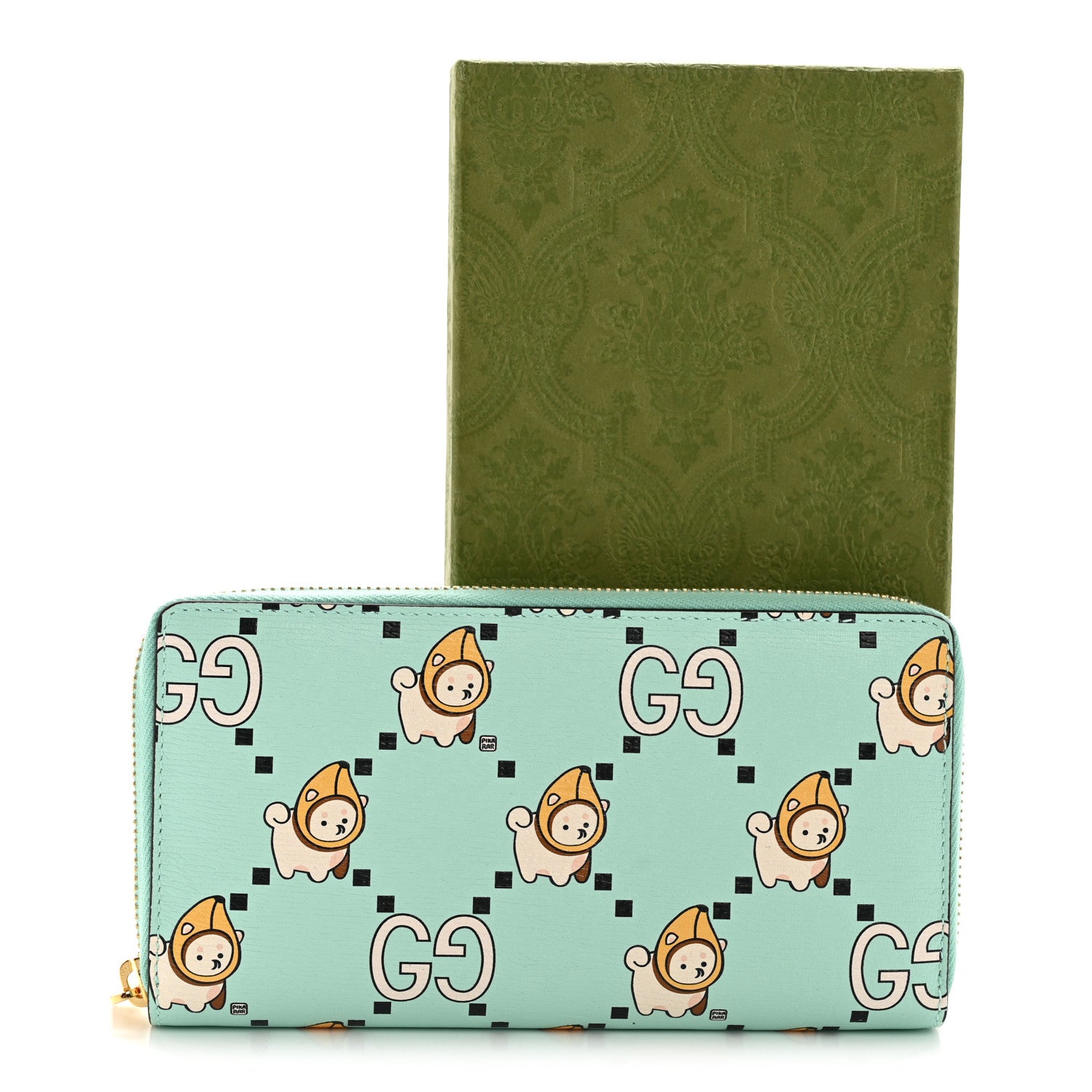 Gucci X PIKARAR Textured Dollar Calfskin Animal Print Zip Around Wallet Green 10 of 10