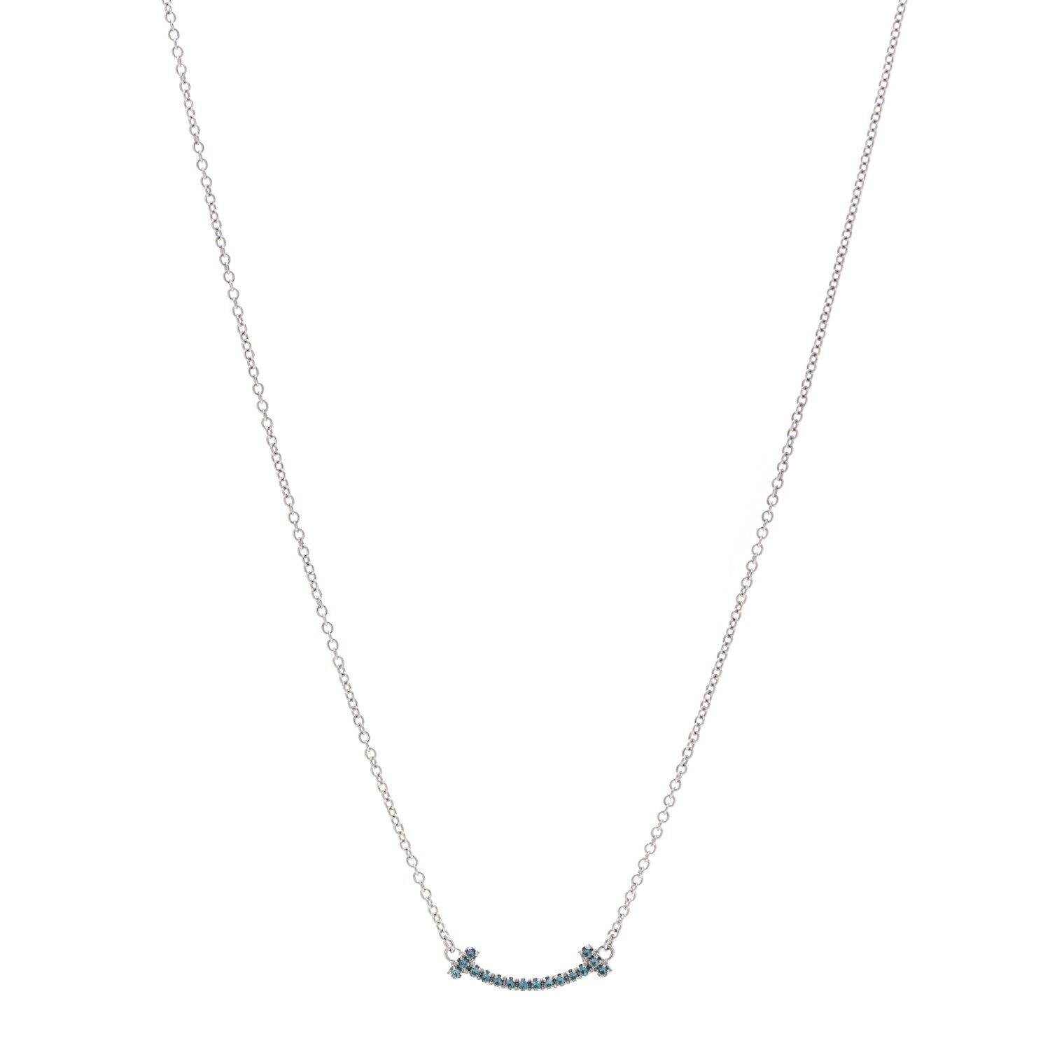 Tiffany 18K White Gold Blue Topaz Mini T Smile Pendant Necklace 1 of 5