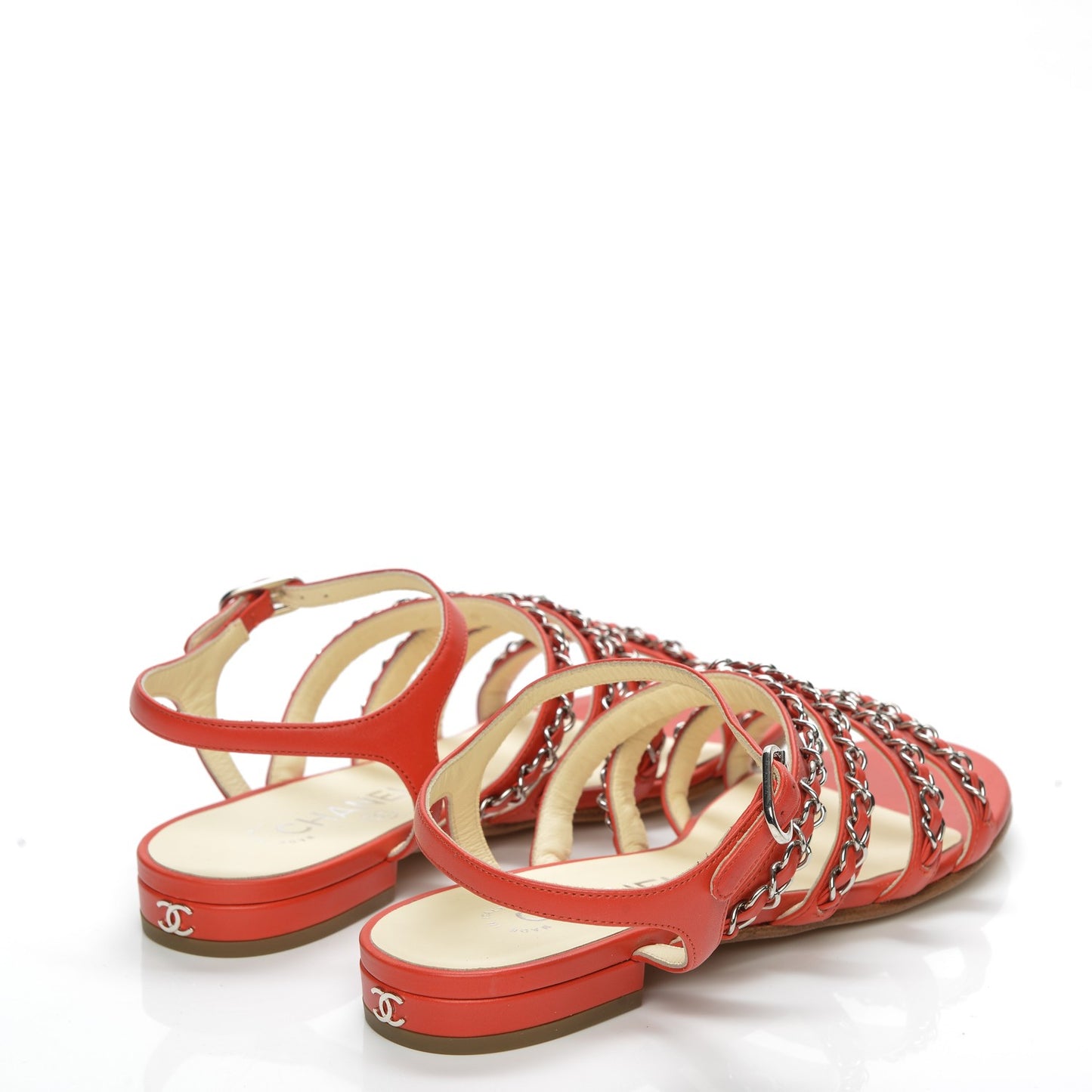Calfskin Chain Flat Sandals 35 Red