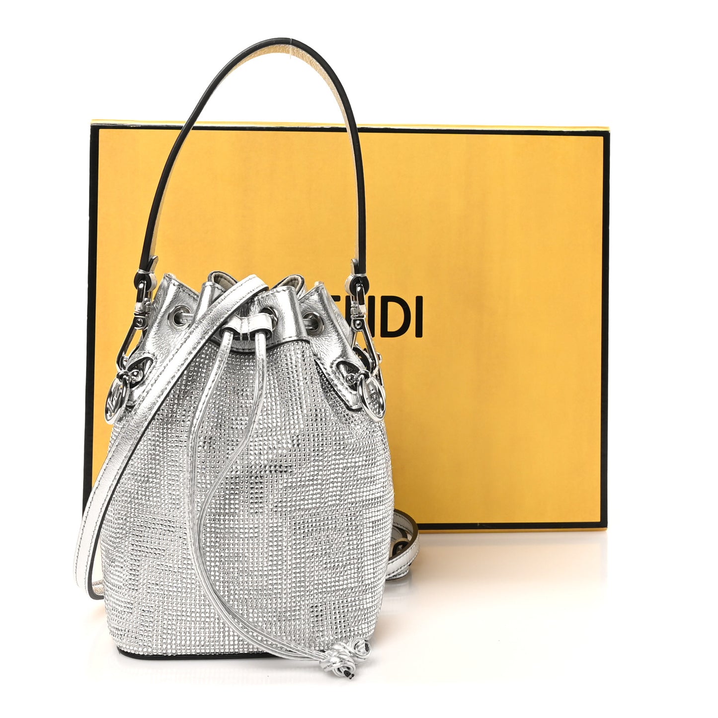 Crystal Vitello Laminato FF Mini Mon Tresor Bucket Bag Crystal Argento