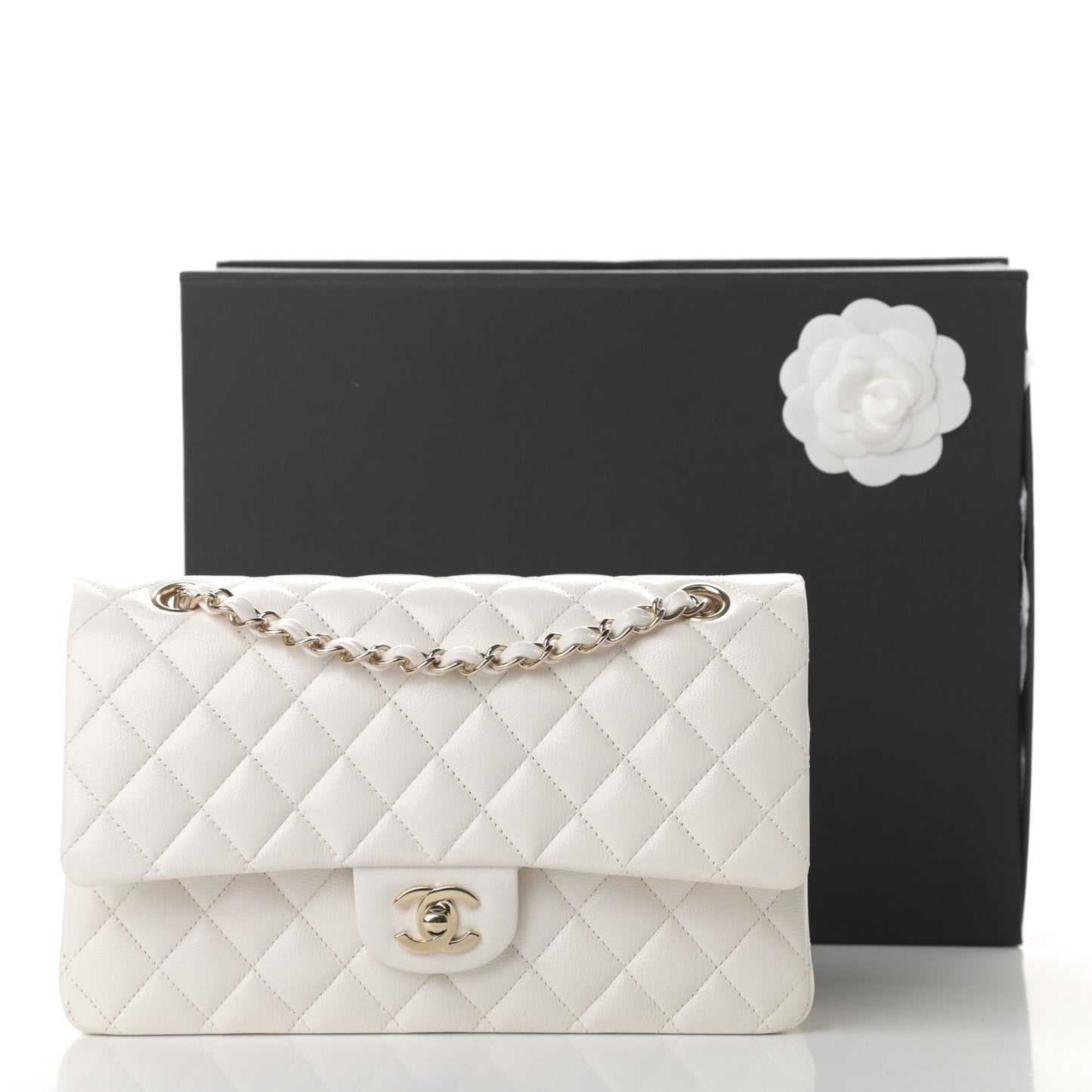 Caviar Quilted Medium Double Flap White