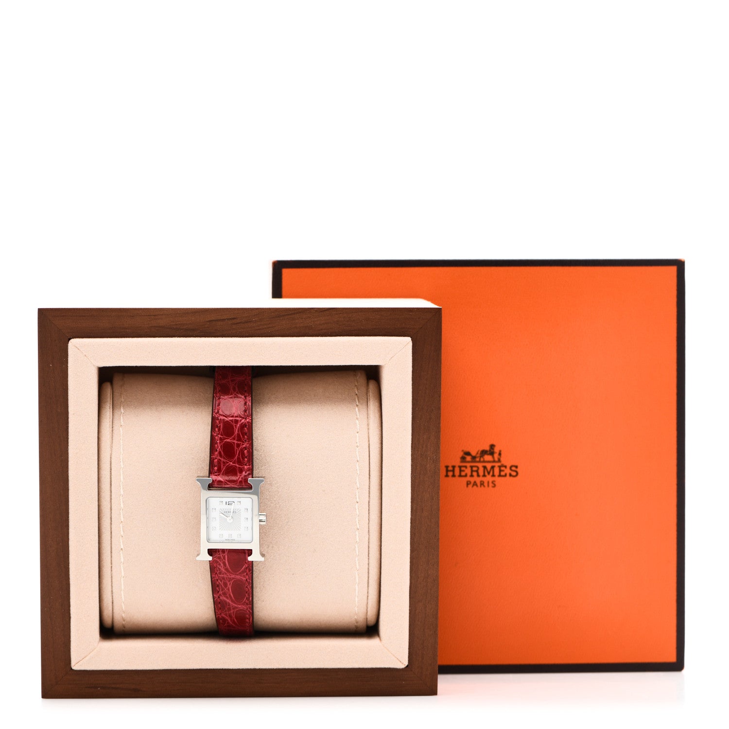 Hermes Stainless Steel Alligator Diamond Mother of Pearl 17.2mm Heure H Hour Quartz Watch Braise 5 of 5